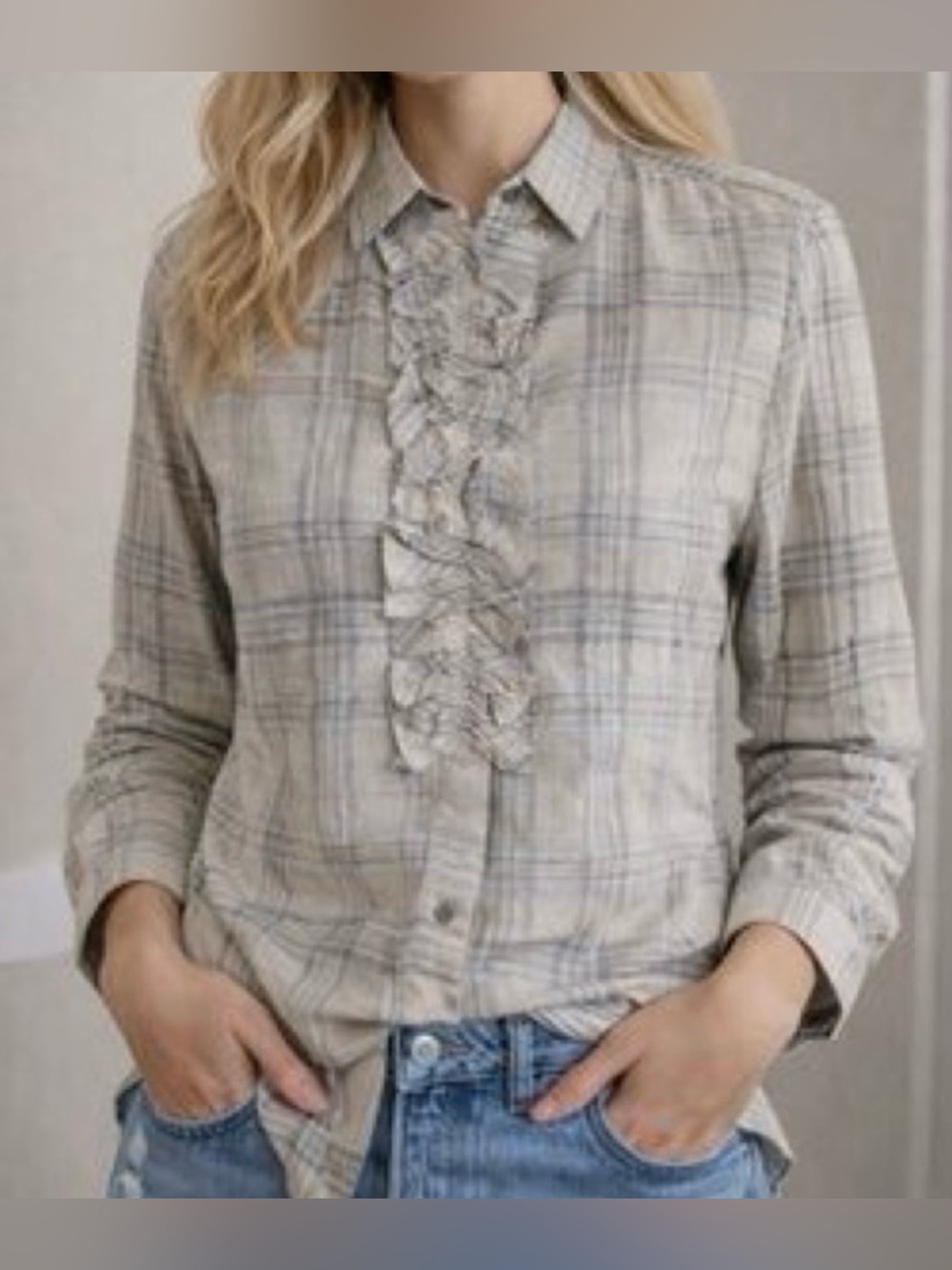 Tuckernuck Beige Plaid Ruffle Button Down Blouse w/ Gold Metallic Detail NWT!!